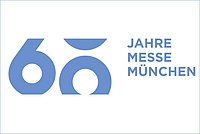 Logo zum 60-jährigen Jubiläum der Messe München in blauer Schrift.