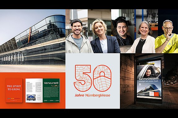 Collage zum 50-jährigen Jubiläum der NürnbergMesse, mit Mitarbeitern und Marketingmaterialien.