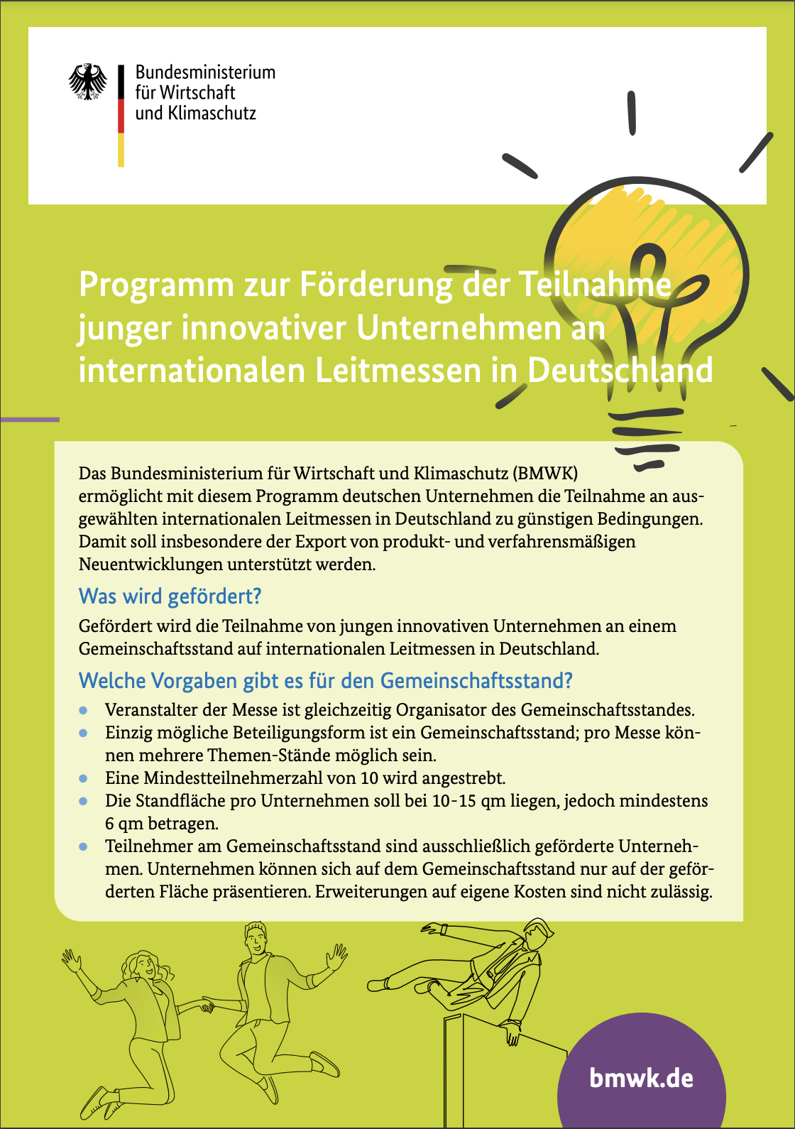 BMWK-Flyer zur Förderung der Teilnahme innovativer Unternehmen an internationalen Leitmessen in Deutschland.